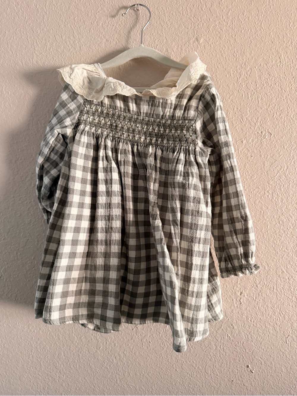 Quincy Mae Cream & Sage Green Gingham Long-Sleeve Dress